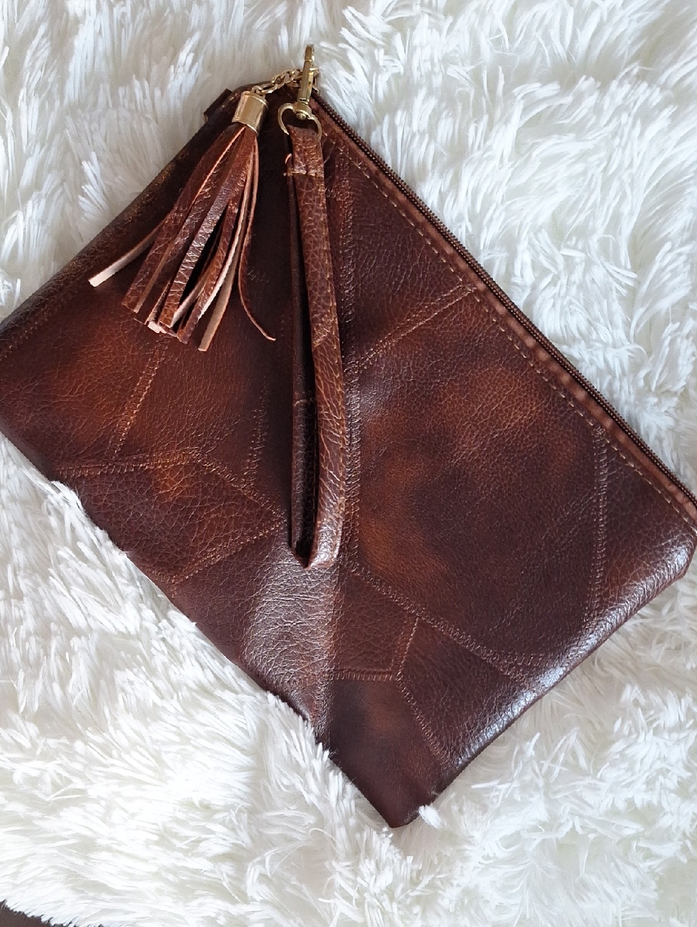 Brown Faux Leather Patchwork Wristlet Clutch